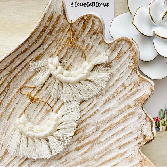 Boho Macrame Tassel Drop Hoop Earrings NWT - Picture 1 of 4